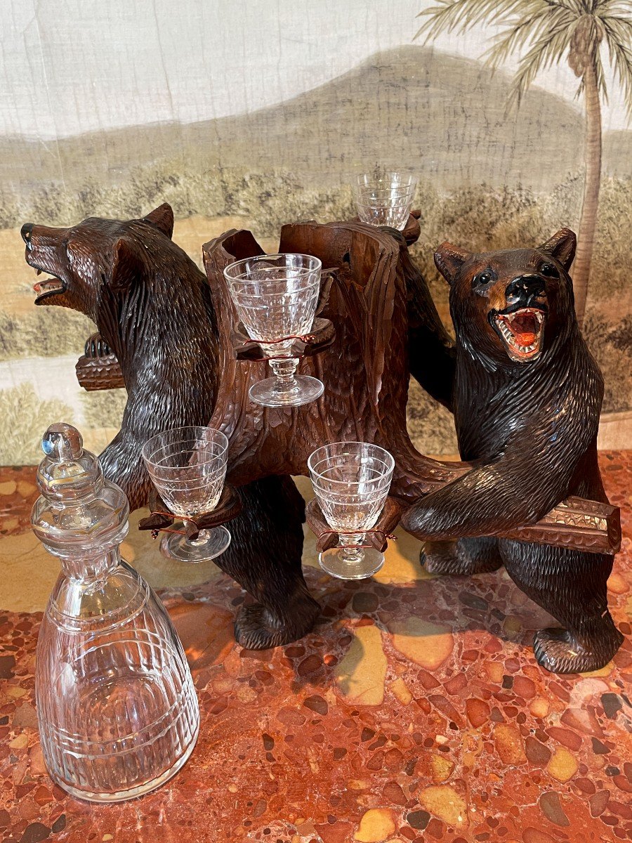 Black Forest, Carved Wood Carafe And Glass Holder, Late 19th Century-photo-3