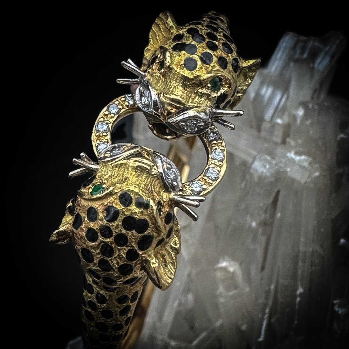 Bracelet Vintage Des Années 70 En Or 18 Carats, émail Et Diamants, Style Panthère  -photo-1