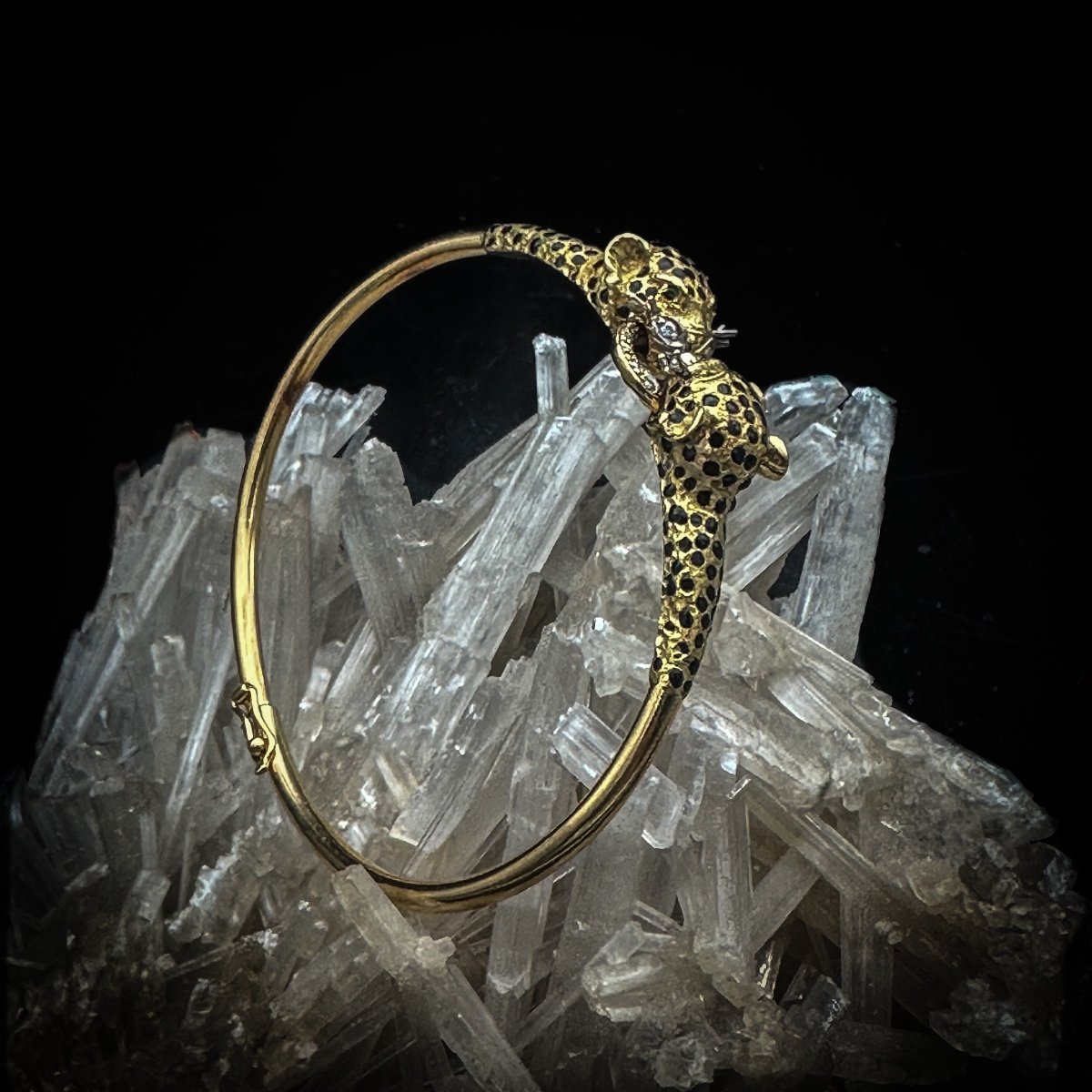 Bracelet Vintage Des Années 70 En Or 18 Carats, émail Et Diamants, Style Panthère  -photo-3
