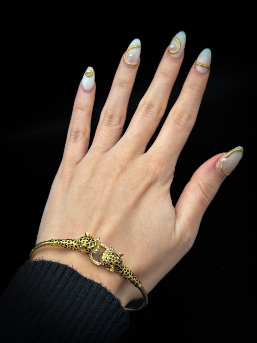 Bracelet Vintage Des Années 70 En Or 18 Carats, émail Et Diamants, Style Panthère  