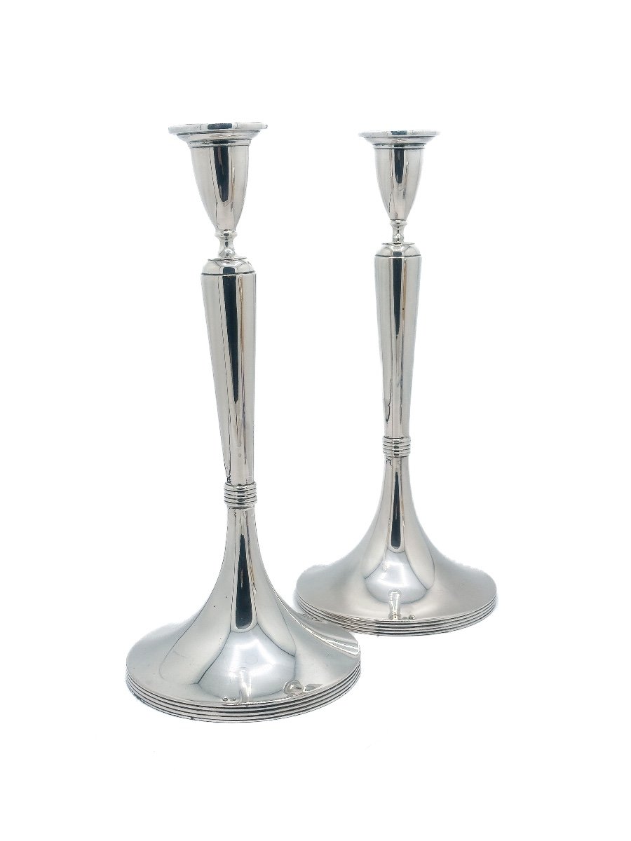 Paire De Flambeaux En Argent 800 Millièmes, Empire Austro-hongrois, Vers 1920 – Modèle “trompet-photo-2