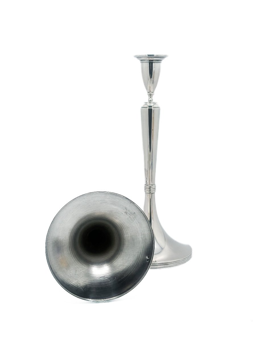 Paire De Flambeaux En Argent 800 Millièmes, Empire Austro-hongrois, Vers 1920 – Modèle “trompet-photo-3
