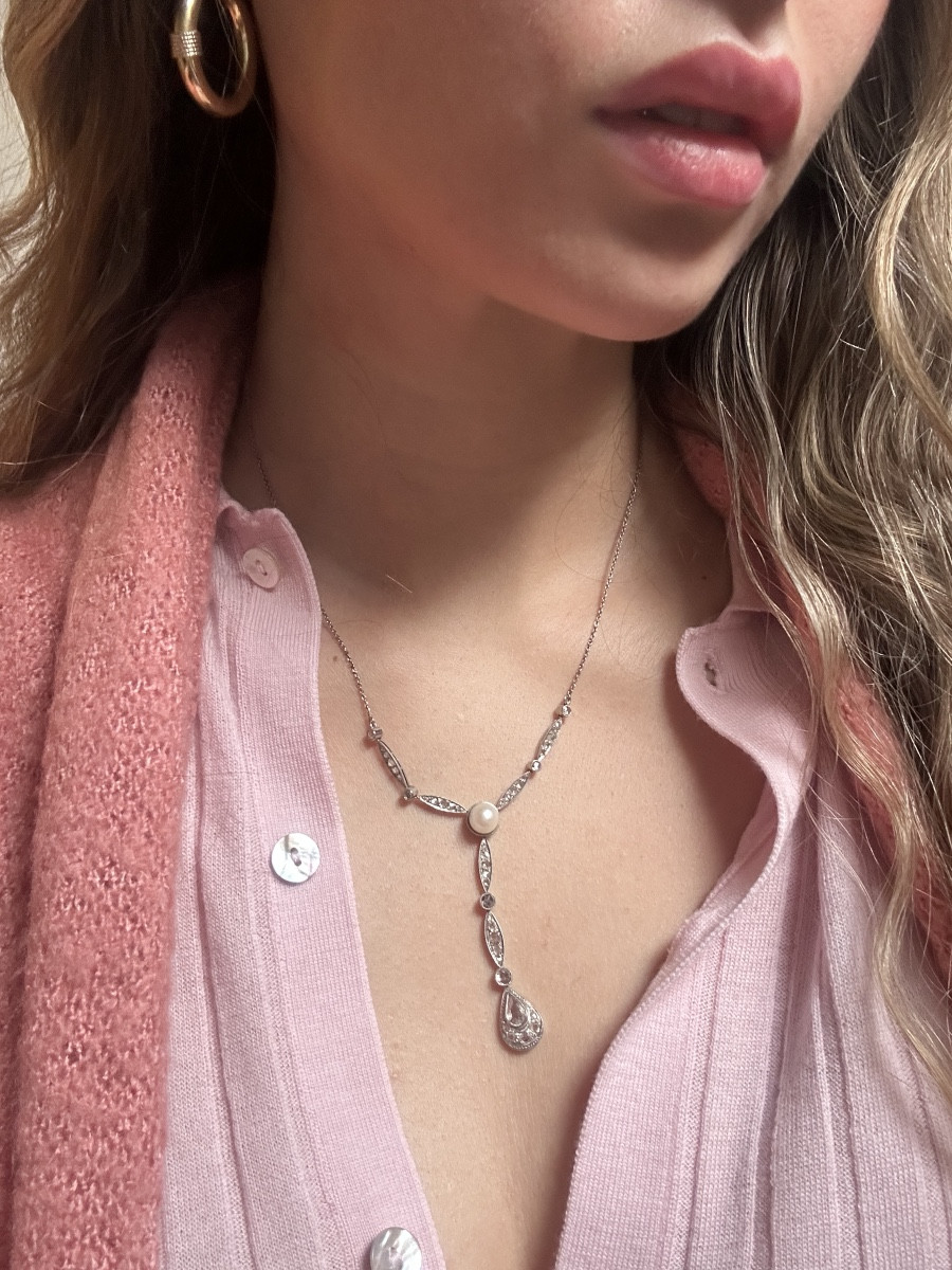 Collier Belle époque En Or Blanc, Perle Et Diamants Taille Rose   élégant Et Emprein