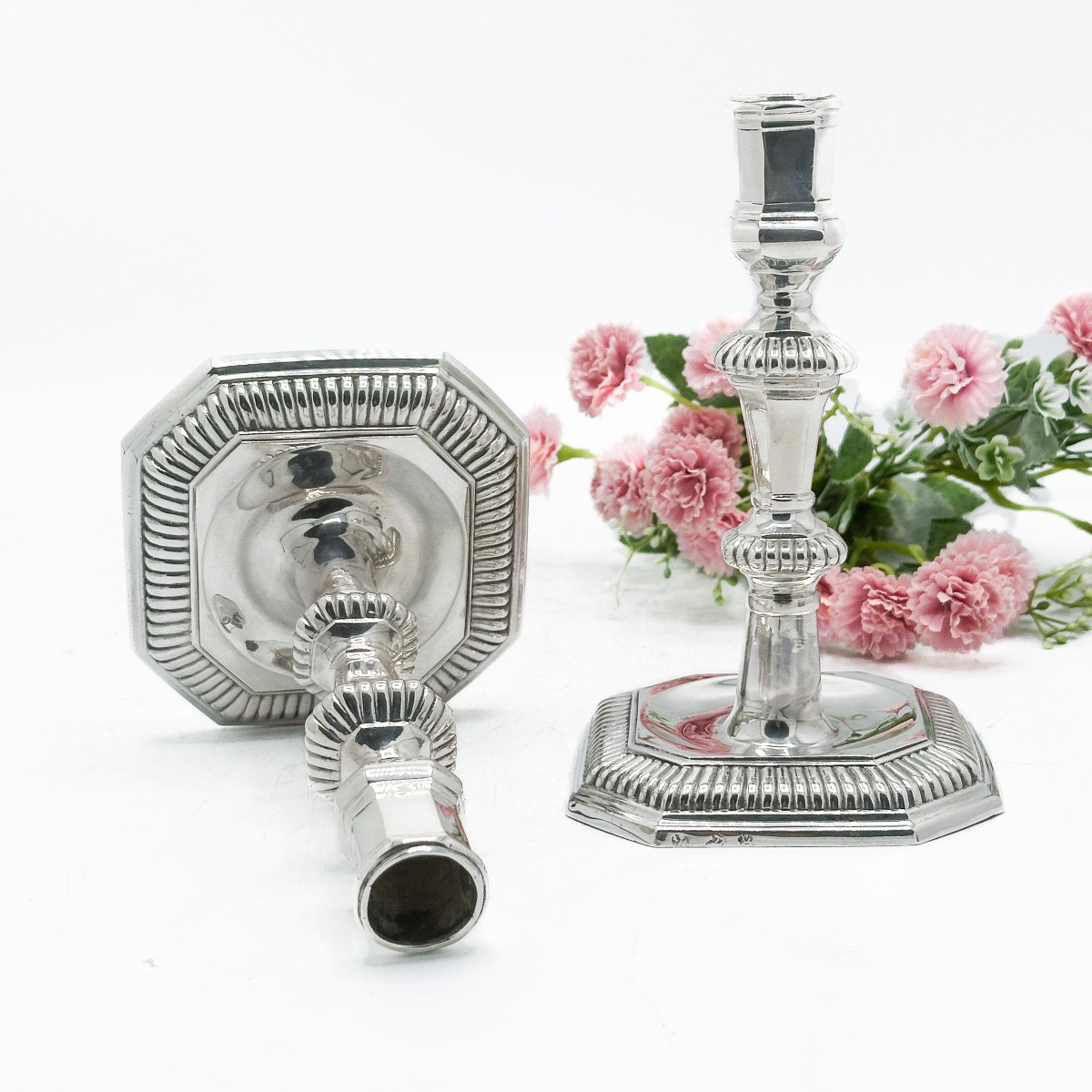 Pair Of Silver Candlesticks With Gadroon Decor – 18th Century Germany  -photo-4