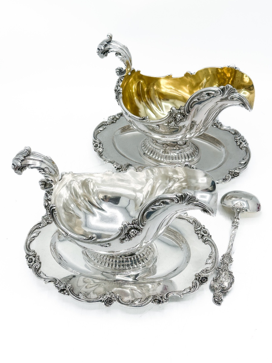Pair Of German Sauce Boats In 800 Thousandths Sterling Silver On A Fixed Tray, Maison Brückmeye
