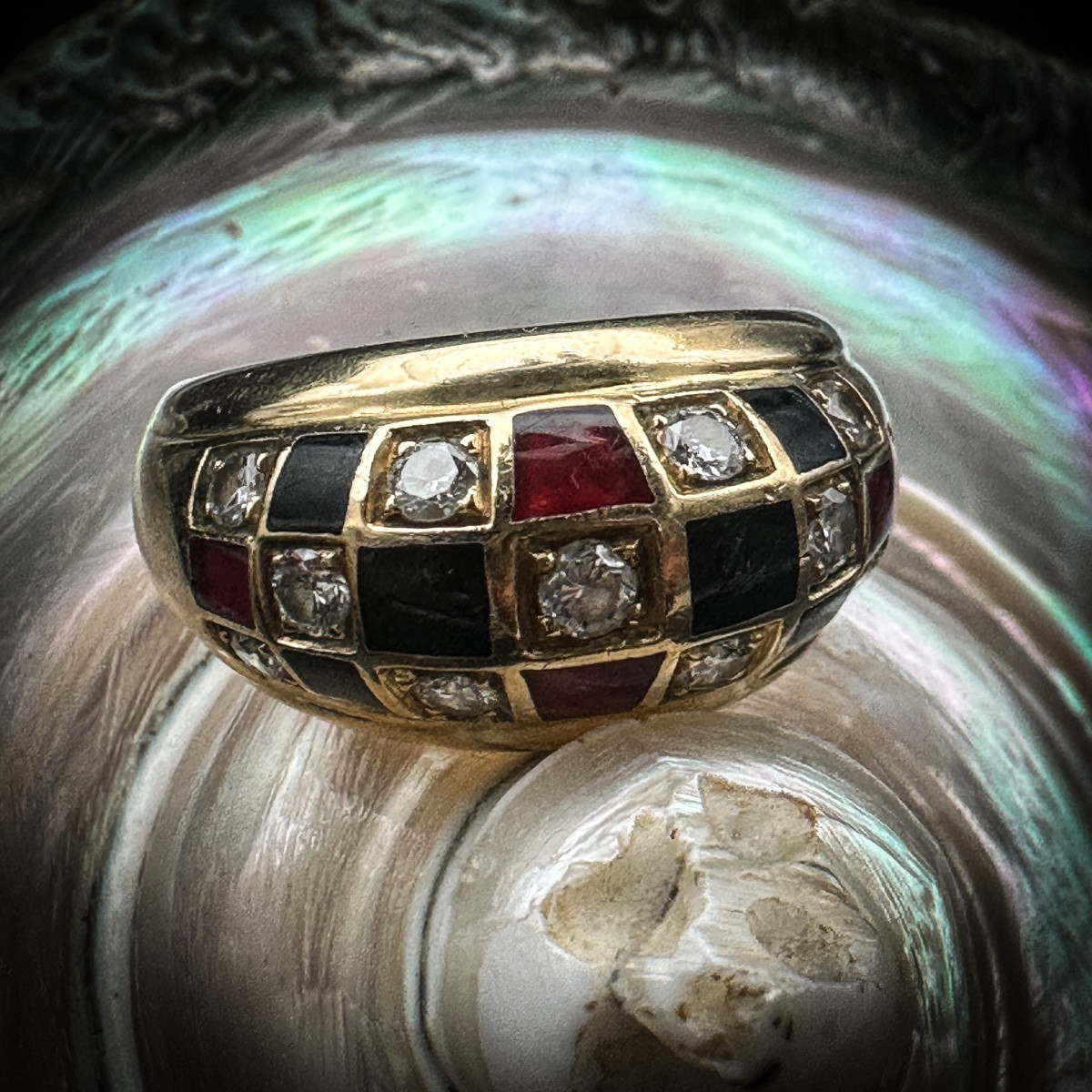 Bague Vintage En Or 18 Carats Avec Diamants Et émail Noir Et Rouge, Belgique, Années 1980 -photo-1