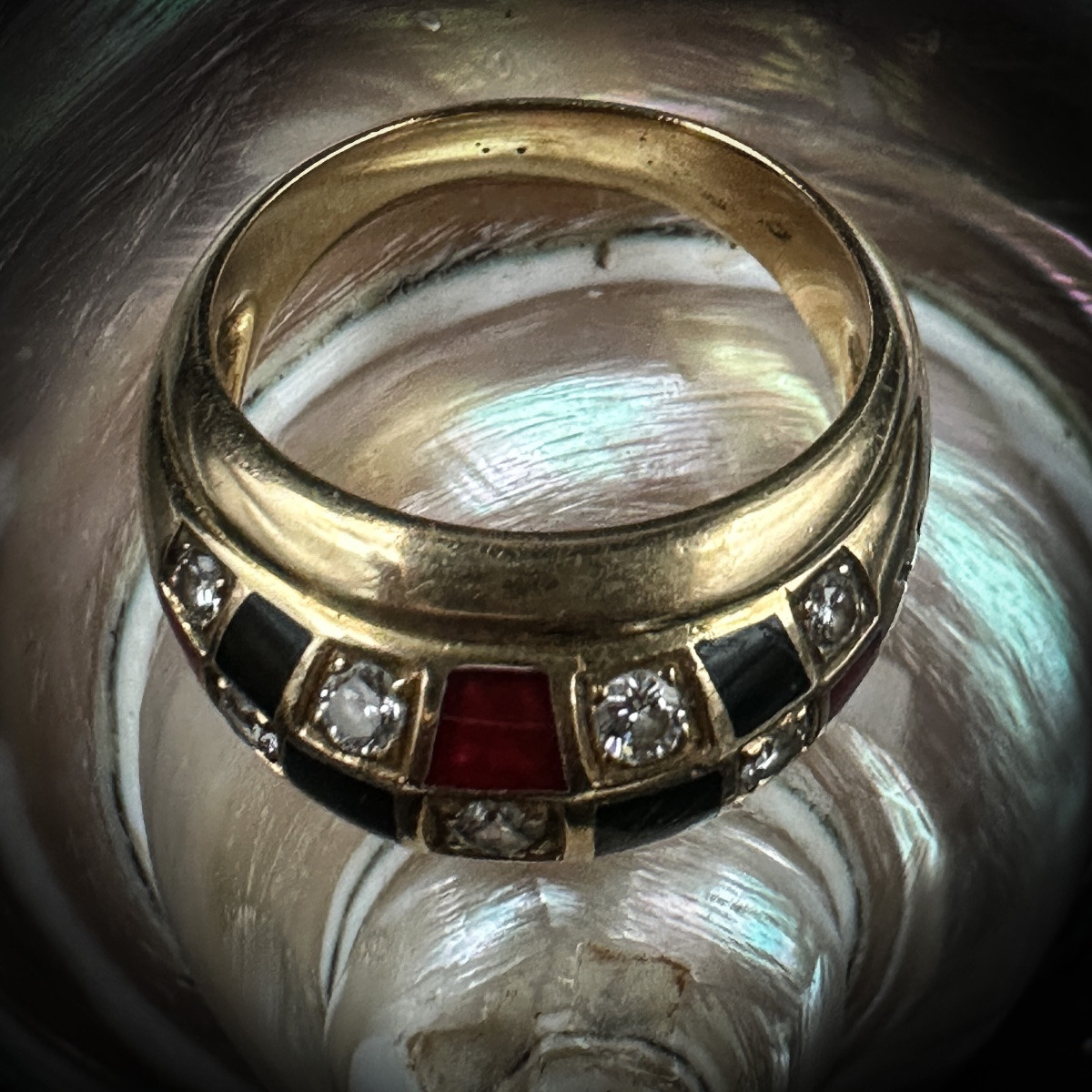 Bague Vintage En Or 18 Carats Avec Diamants Et émail Noir Et Rouge, Belgique, Années 1980 -photo-2