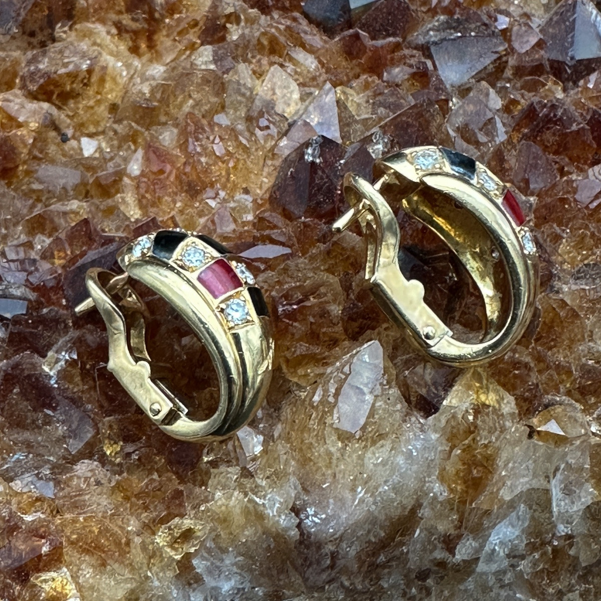 Clips D’oreilles Vintage En Or 18 Carats Avec Diamants Et émail Noir Et Rouge,-photo-3
