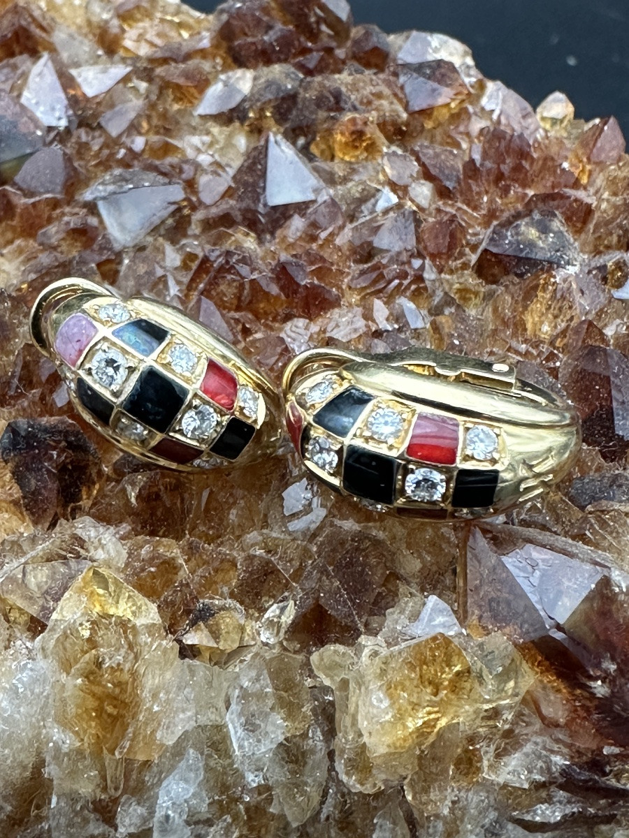 Clips D’oreilles Vintage En Or 18 Carats Avec Diamants Et émail Noir Et Rouge,-photo-1