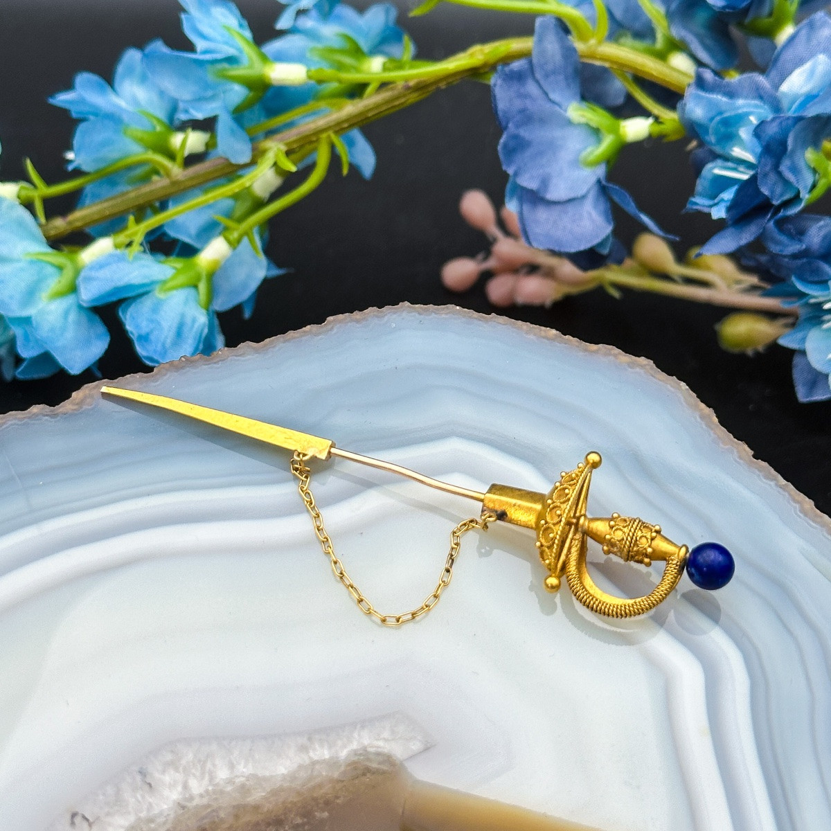 épingle à Cravate En Or 18 Carats, Forme D’épée Et Fourreau, Avec Lapis-lazuli, Travail Belge -photo-2