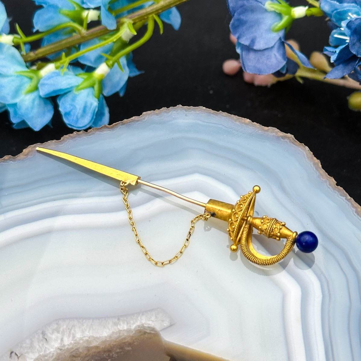 épingle à Cravate En Or 18 Carats, Forme D’épée Et Fourreau, Avec Lapis-lazuli, Travail Belge -photo-3