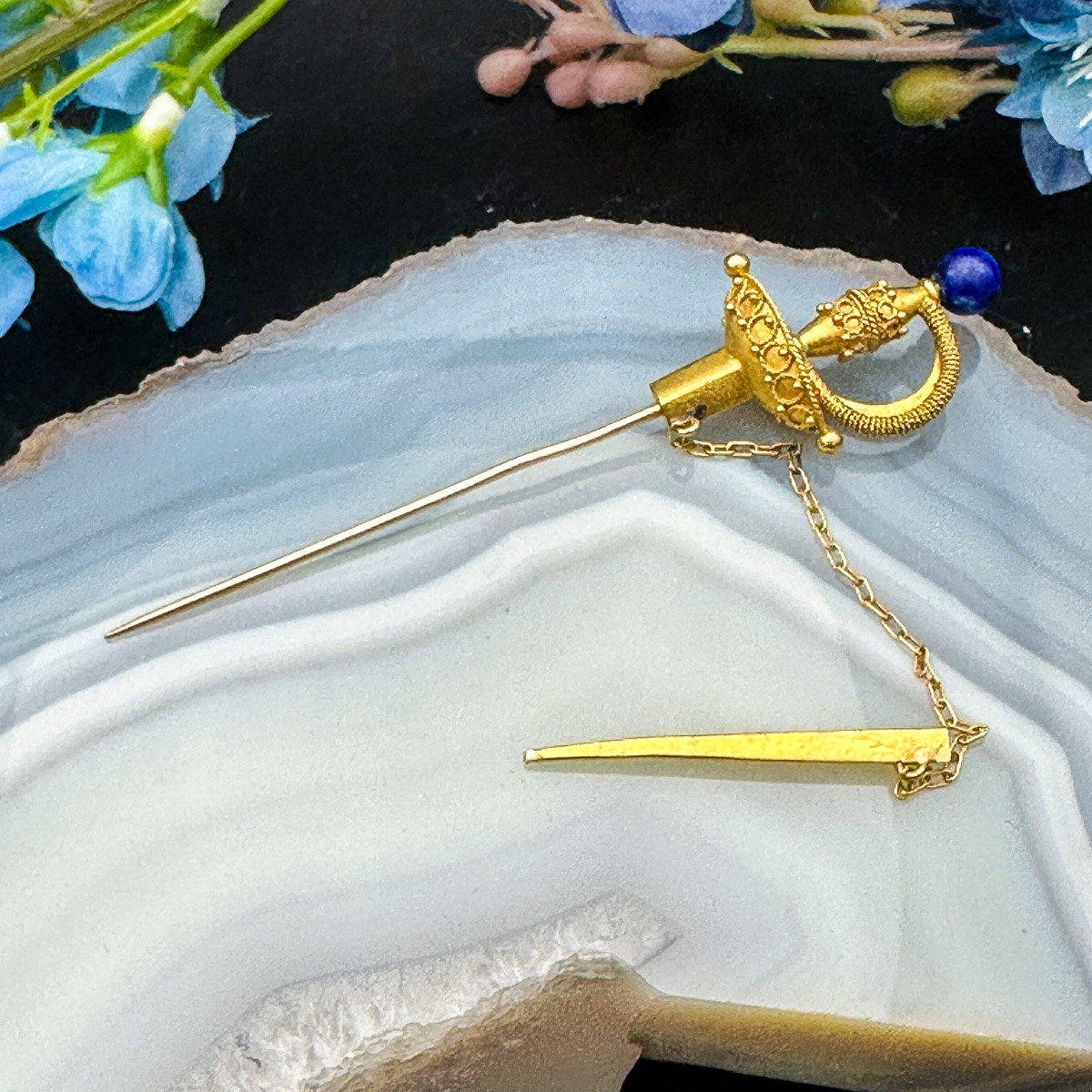 épingle à Cravate En Or 18 Carats, Forme D’épée Et Fourreau, Avec Lapis-lazuli, Travail Belge -photo-5