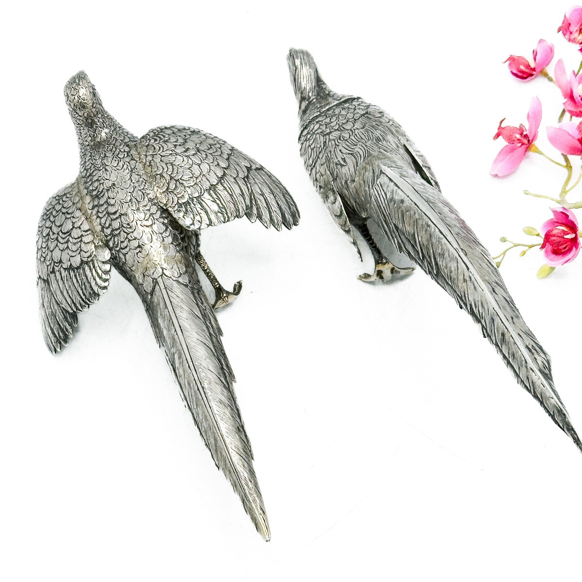 Pair Of Pheasants In 835 Sterling Silver, Belgium, Early 20th Century  -photo-4