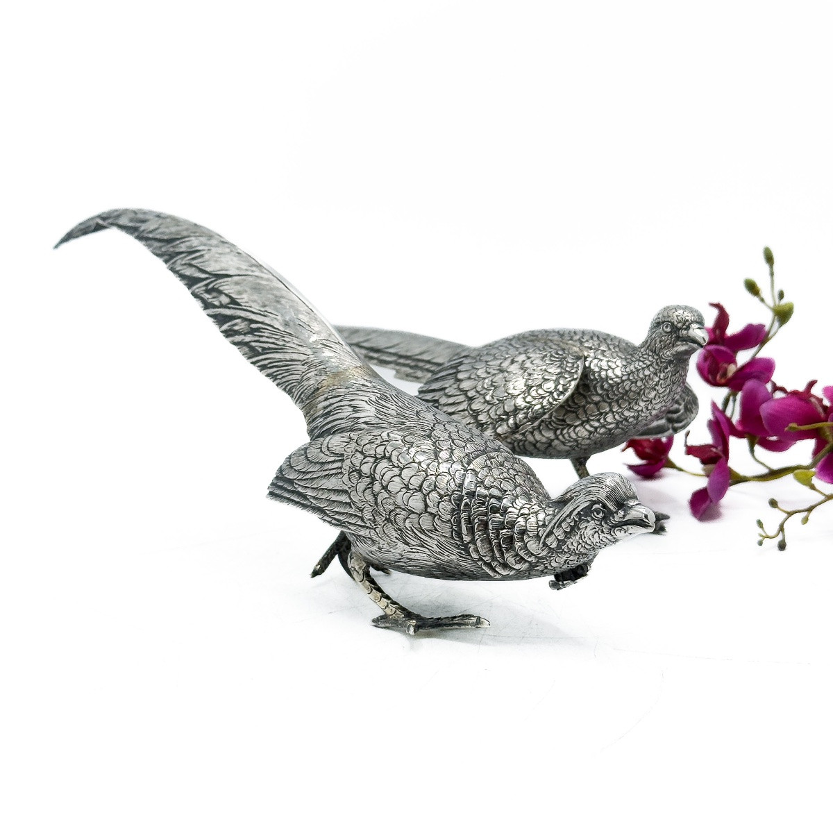 Pair Of Pheasants In 835 Sterling Silver, Belgium, Early 20th Century  -photo-2