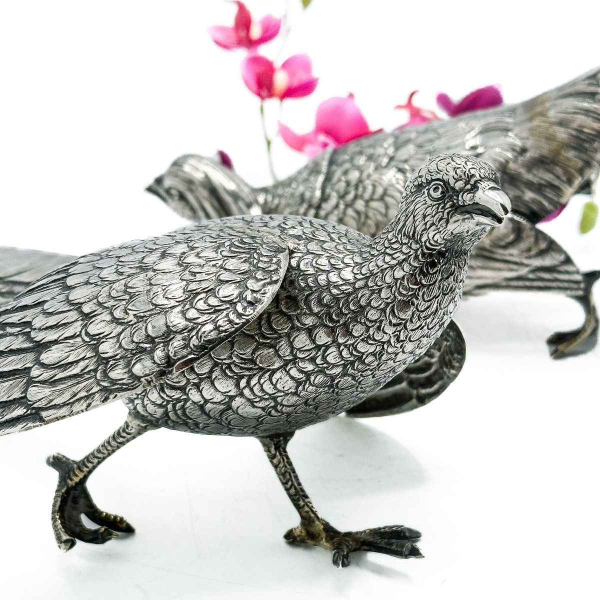 Pair Of Pheasants In 835 Sterling Silver, Belgium, Early 20th Century  -photo-3