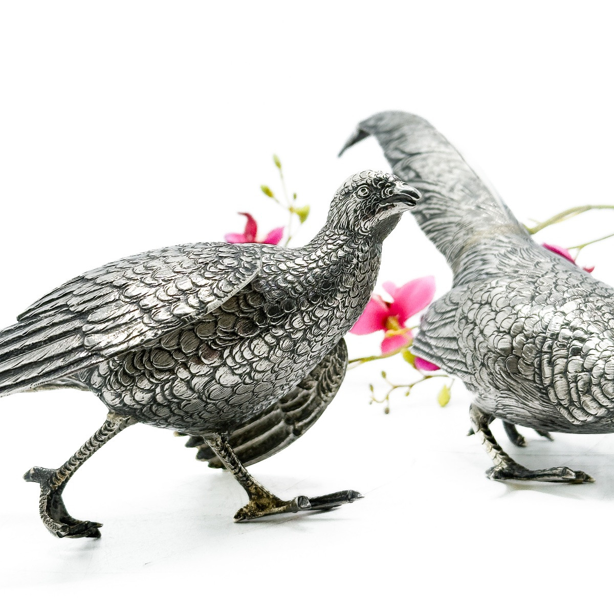 Pair Of Pheasants In 835 Sterling Silver, Belgium, Early 20th Century  -photo-6