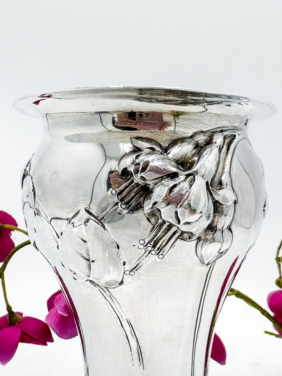 Art Nouveau Solid Silver Vase By The Goldsmith Roussel In Paris -photo-2