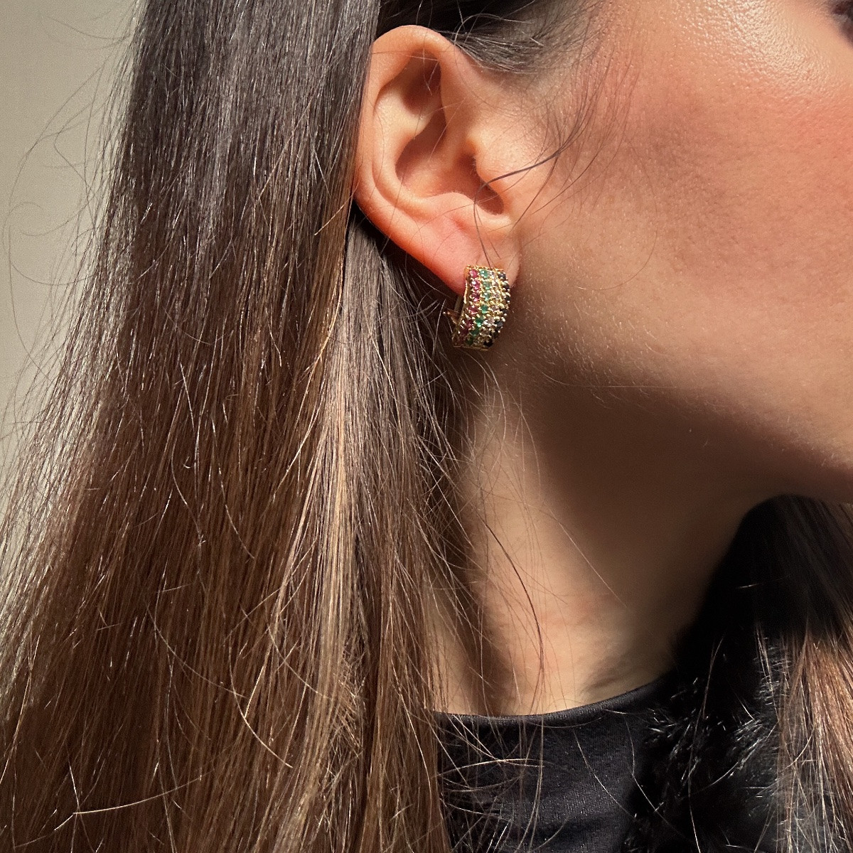 Boucles d’oreilles vintage en or 18 carats, saphirs, diamants, émeraudes et rubis – Italie,-photo-2