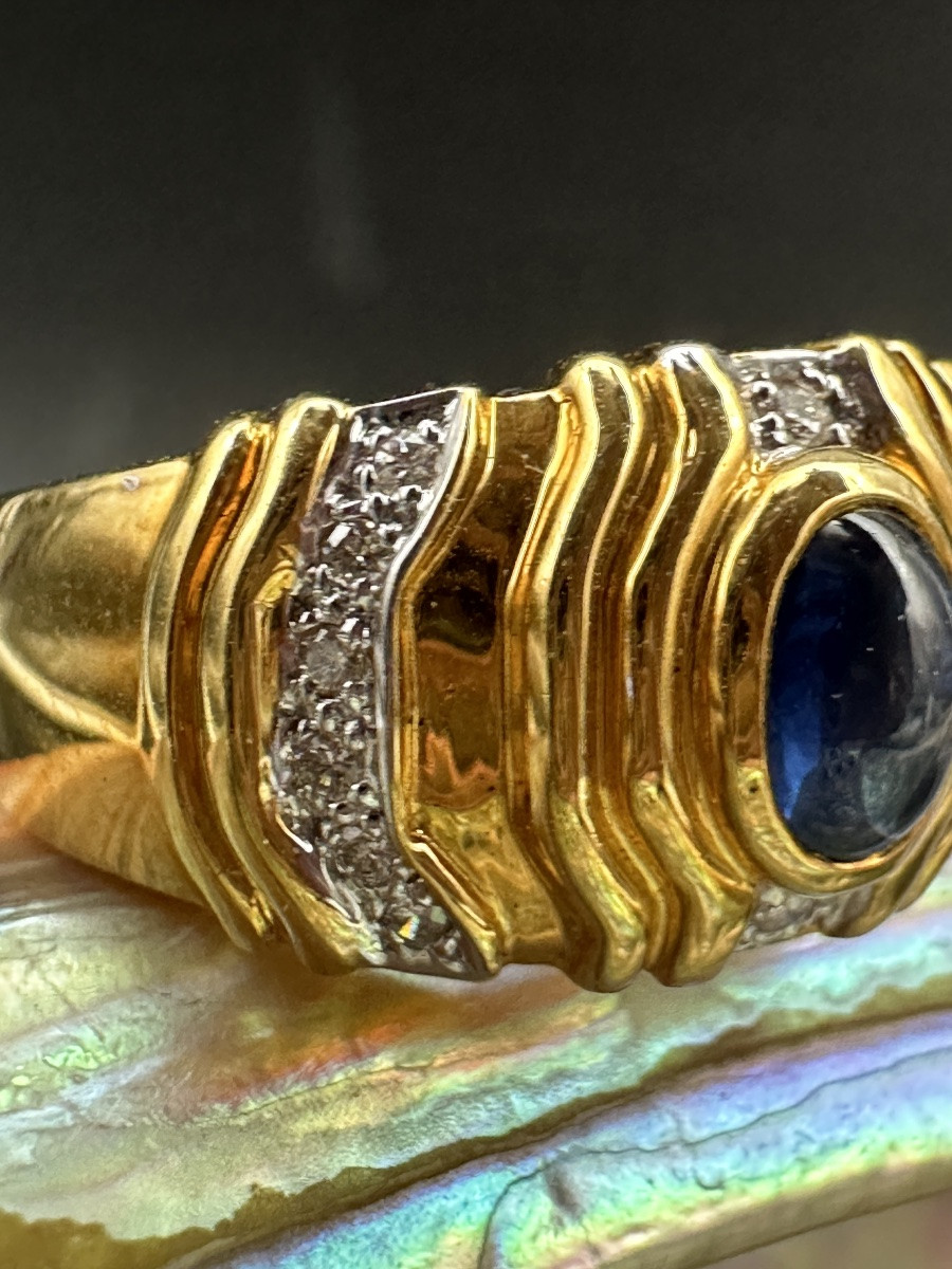 Vintage 18k Gold, Cabochon Sapphire And Diamond Ring – Circa 1980 Vintage Ring 1980-photo-4