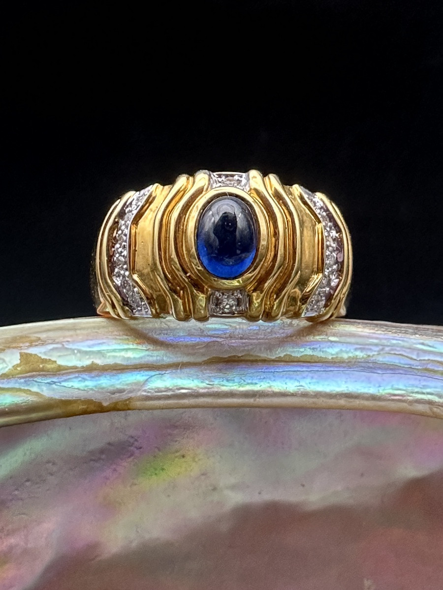 Vintage 18k Gold, Cabochon Sapphire And Diamond Ring – Circa 1980 Vintage Ring 1980-photo-2