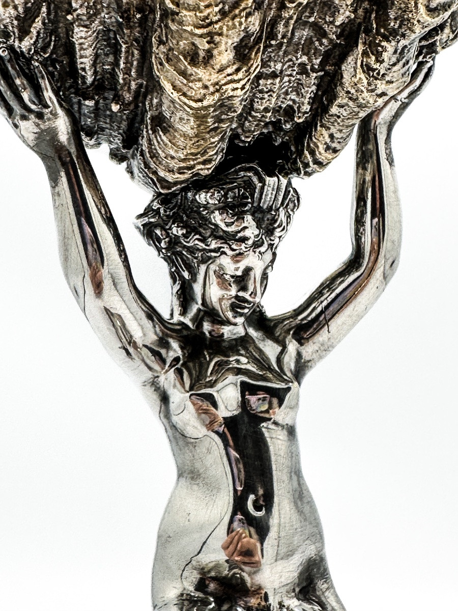 Solid Silver And Bronze Cup: Double-tailed Mermaid Riding A Nautilus — Late 19th Century -photo-2