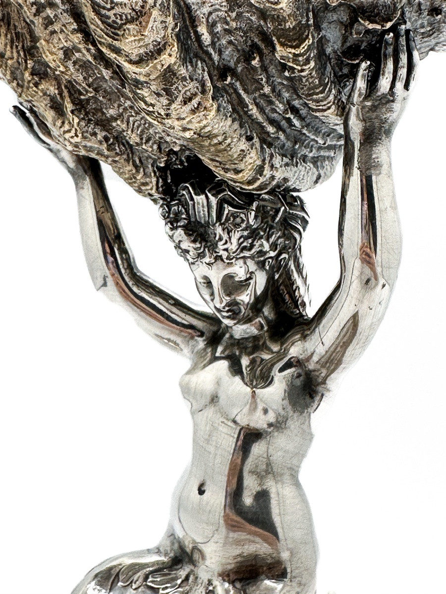 Solid Silver And Bronze Cup: Double-tailed Mermaid Riding A Nautilus — Late 19th Century -photo-3