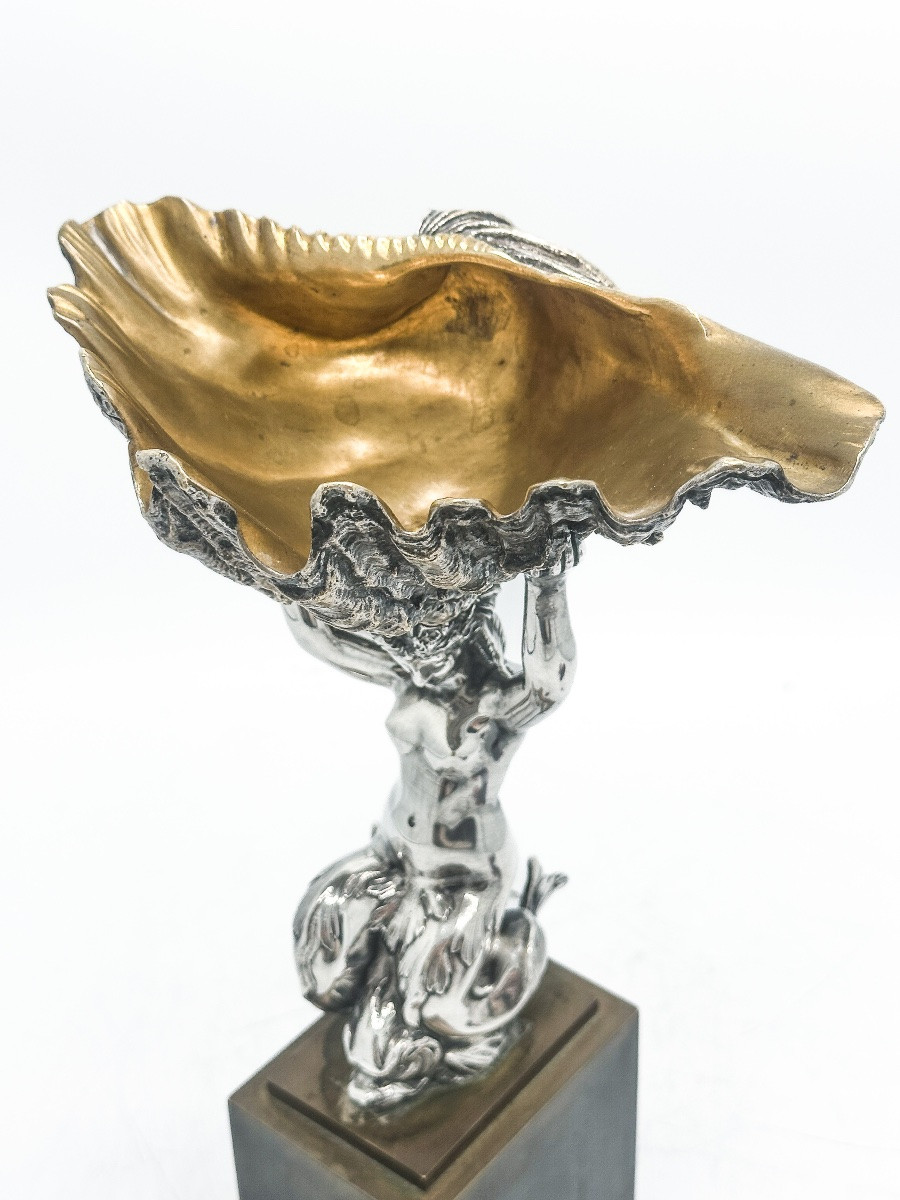 Solid Silver And Bronze Cup: Double-tailed Mermaid Riding A Nautilus — Late 19th Century -photo-4