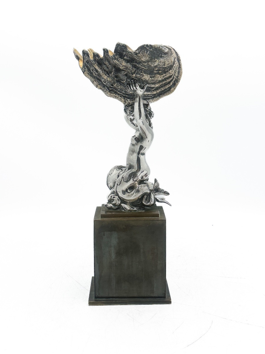 Solid Silver And Bronze Cup: Double-tailed Mermaid Riding A Nautilus — Late 19th Century -photo-3