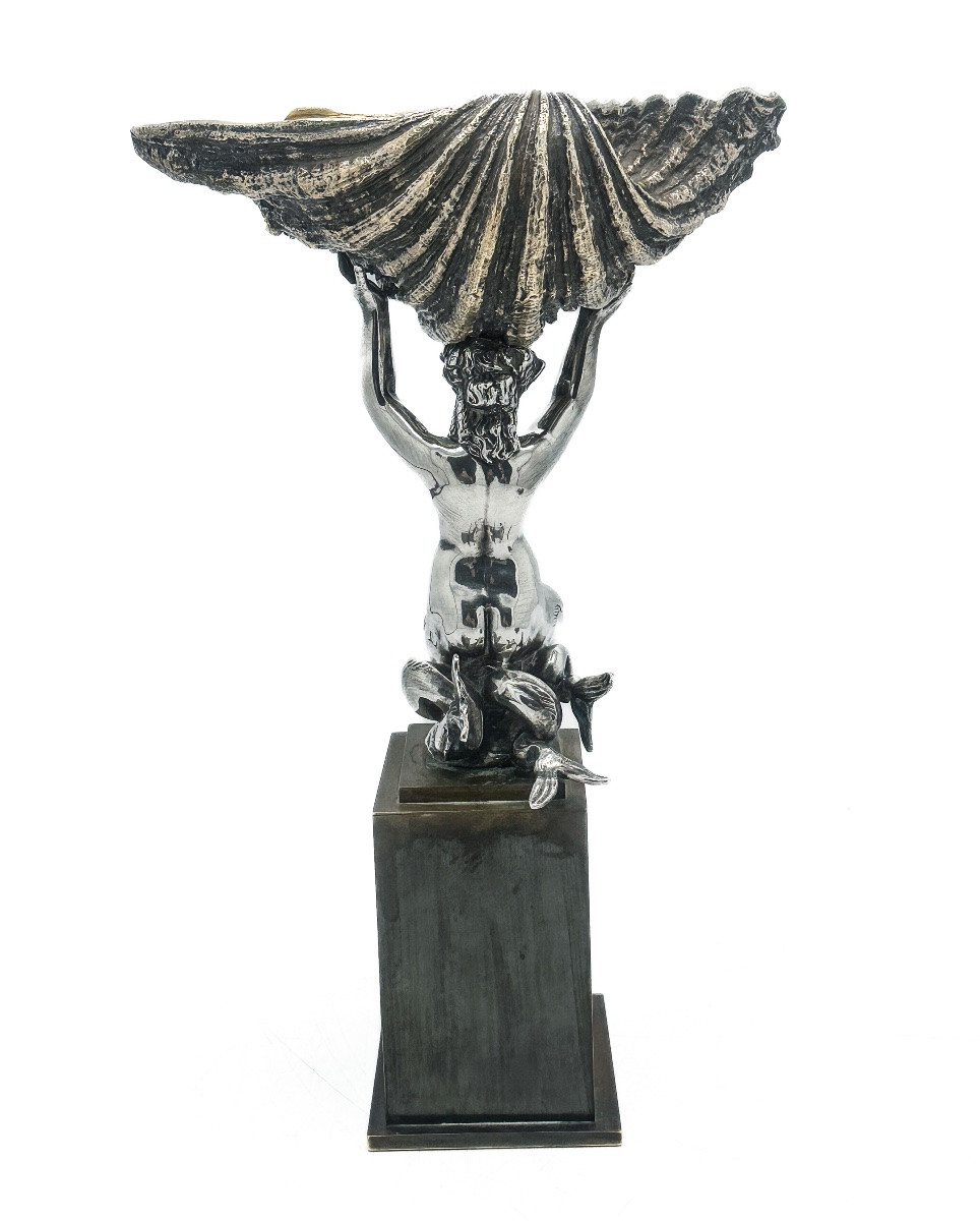 Solid Silver And Bronze Cup: Double-tailed Mermaid Riding A Nautilus — Late 19th Century -photo-4