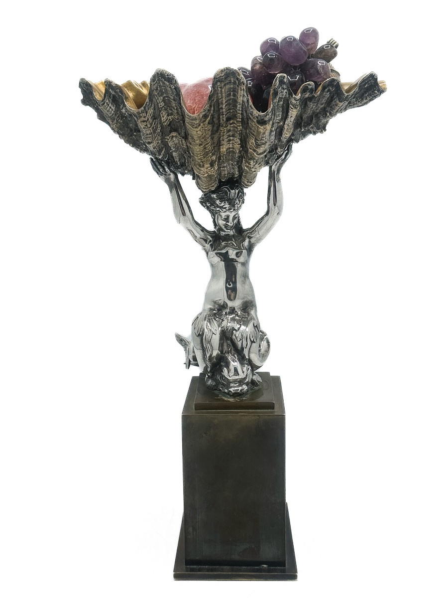 Solid Silver And Bronze Cup: Double-tailed Mermaid Riding A Nautilus — Late 19th Century -photo-5
