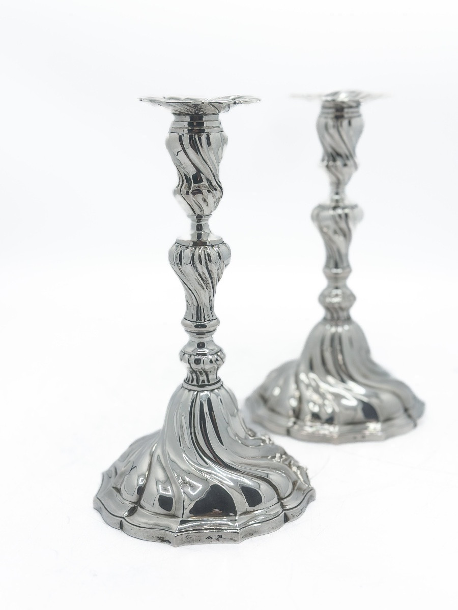 Pair Of Twisted Candlesticks In 800 ‰ Silver, Goldsmith Delheid, 19th Century  -photo-5