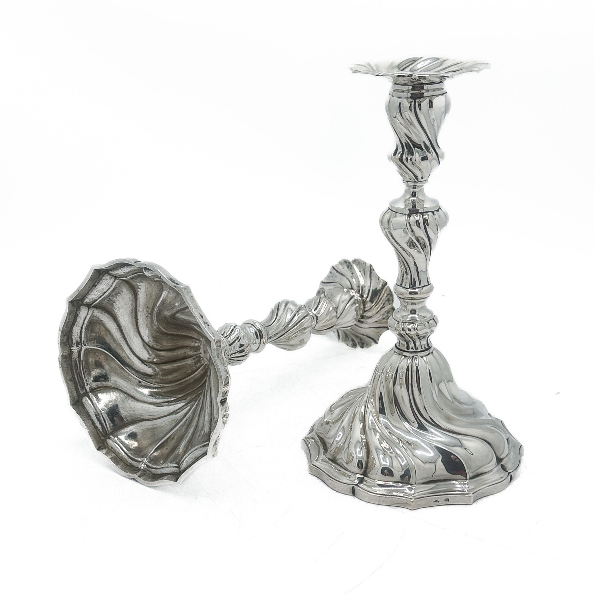 Pair Of Twisted Candlesticks In 800 ‰ Silver, Goldsmith Delheid, 19th Century  