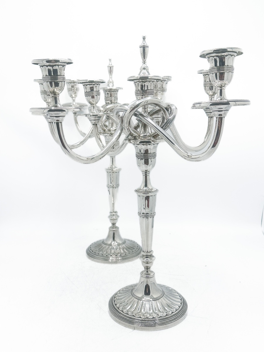 Pair Of Five-light Candelabra In Solid 934 Thousandths Silver, Porto, Early 20th Century 