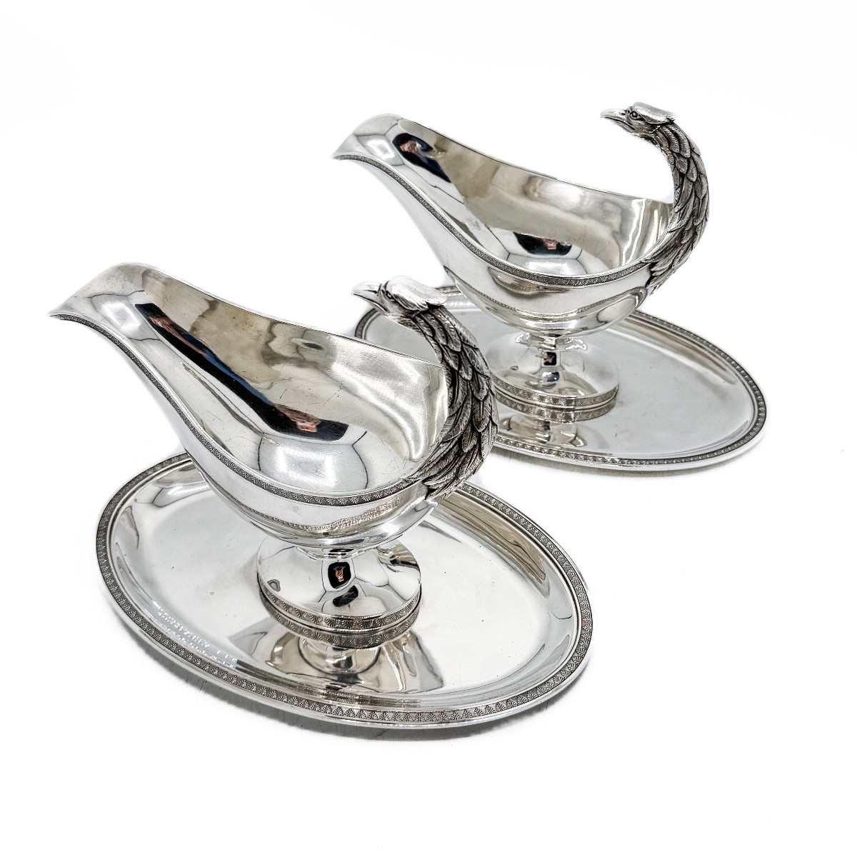 Paire de saucières sur plateaux en argent massif – Orfèvre Delheid Frères, fin du XIX  -photo-4