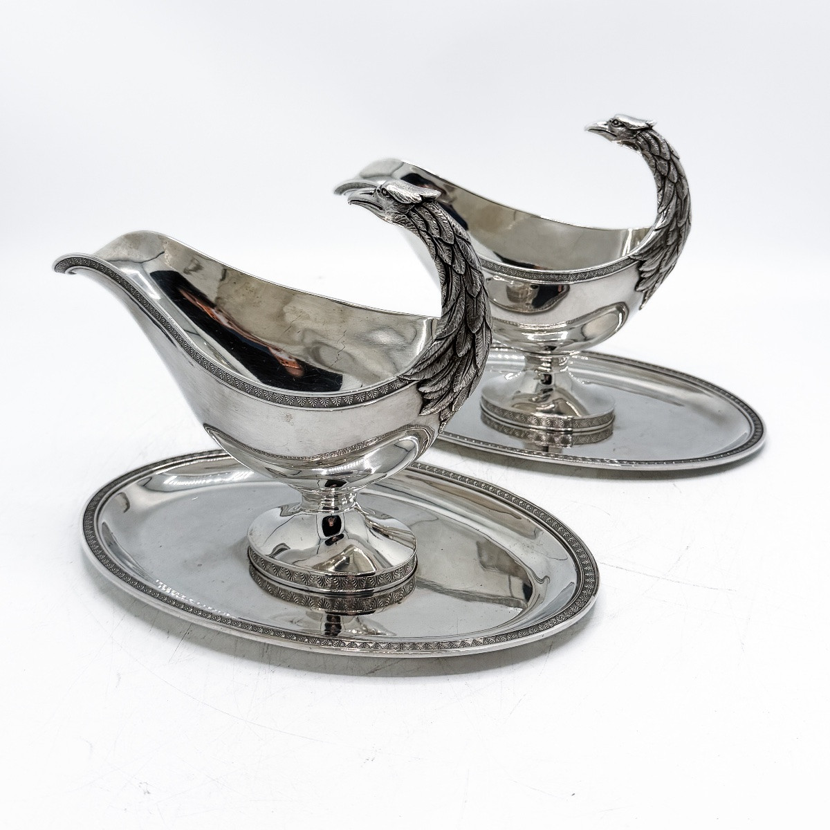 Paire de saucières sur plateaux en argent massif – Orfèvre Delheid Frères, fin du XIX  -photo-5