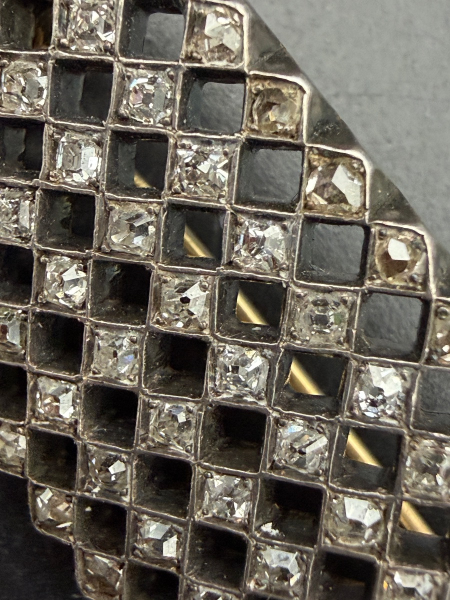 Broche rectangulaire Art Déco en or 18 carats et argent, sertie de diamants taille ancienne -photo-1