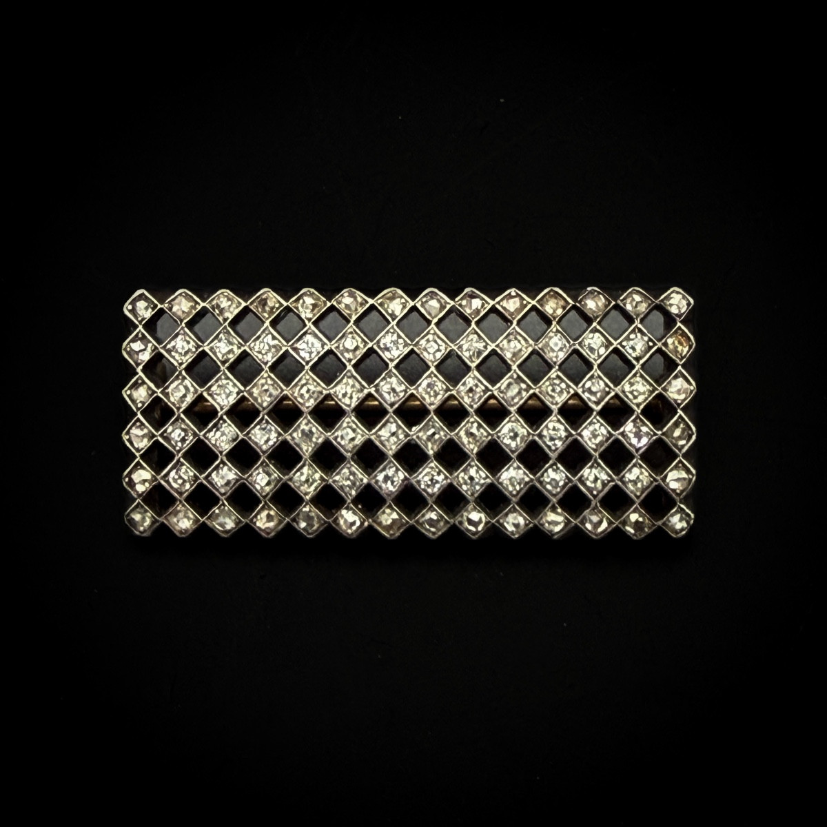 Broche rectangulaire Art Déco en or 18 carats et argent, sertie de diamants taille ancienne 
