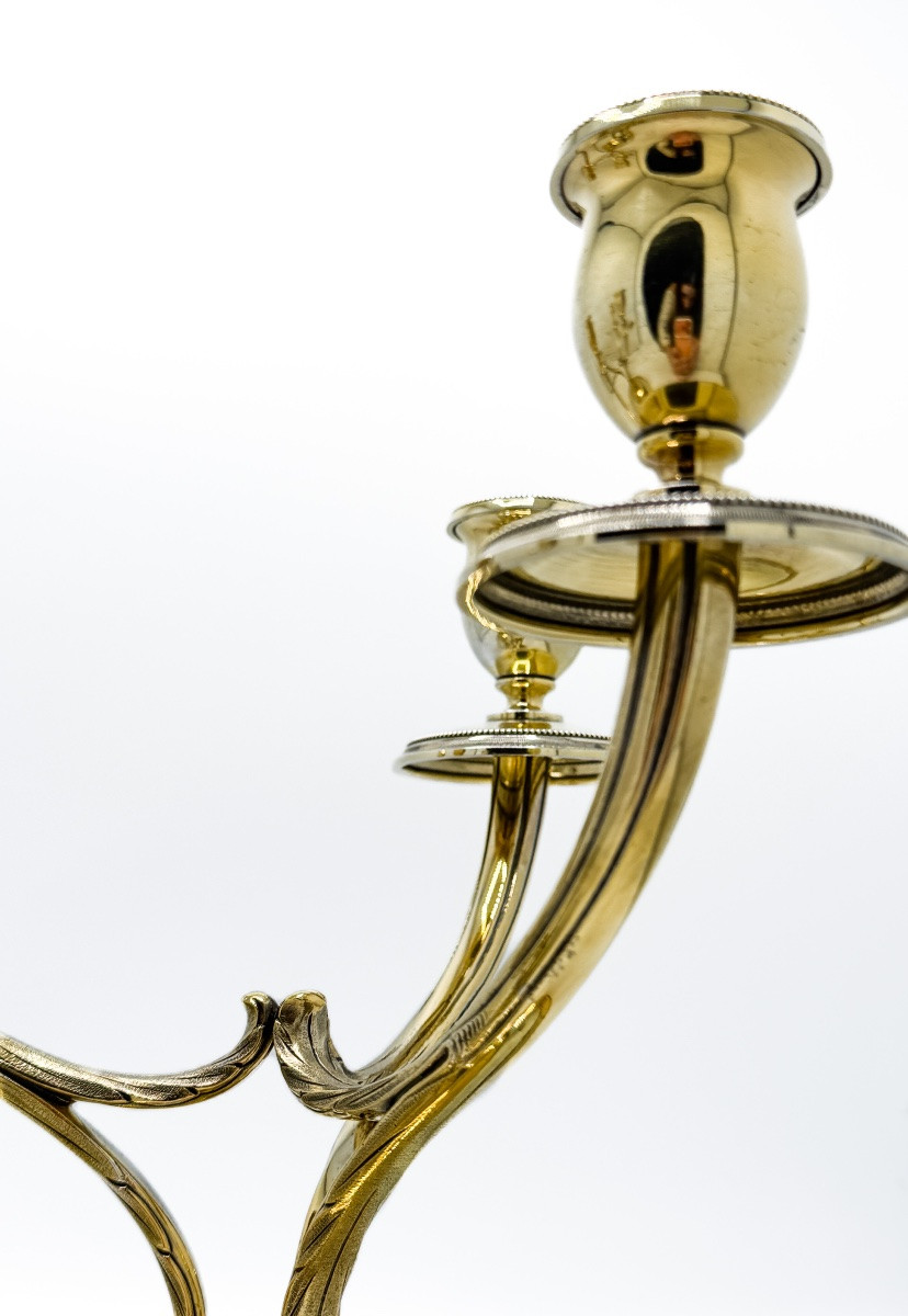 1. Title Wolfers, Silversmith – Pair Of Three-arm Vermeil Candelabra, “perle” Model, On Silver -photo-2