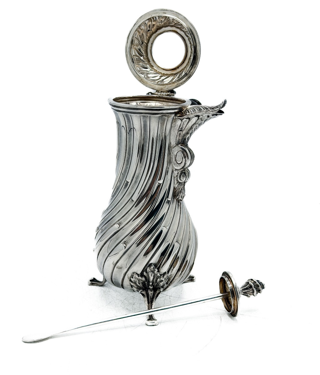 Silver Tripod Chocolate Pot (835), 18th-century Torso Model, Silver Fret And Whisk ⸻ This