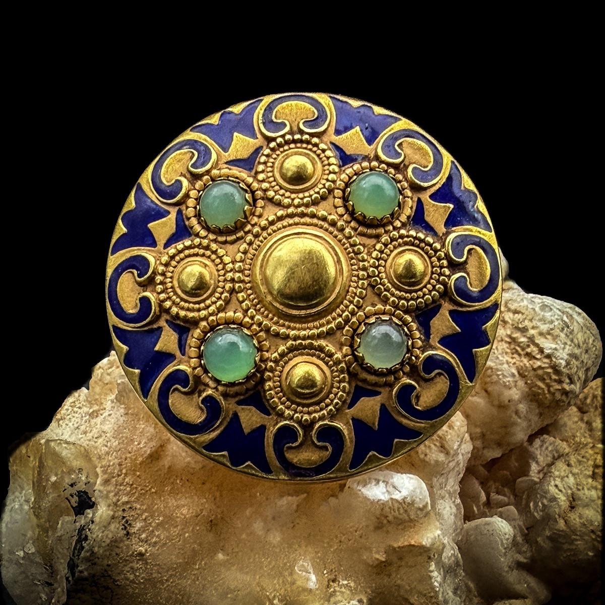  ⸻  Broche vintage en or jaune émaillé et chrysoprases – Maison Ottaviani, Italie-photo-2