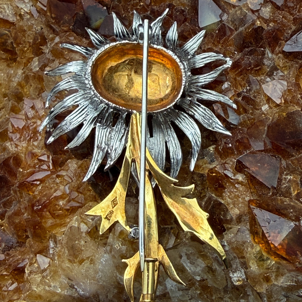 Vintage "sunflower" Brooch In 18-carat White And Yellow Gold, Diamond – Belgian Work, -photo-3