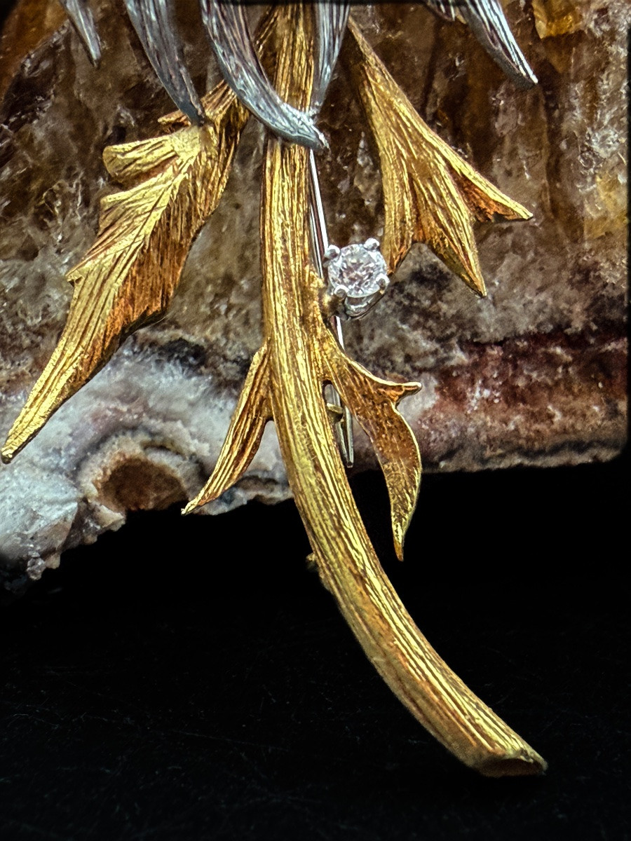 Vintage "sunflower" Brooch In 18-carat White And Yellow Gold, Diamond – Belgian Work, -photo-6