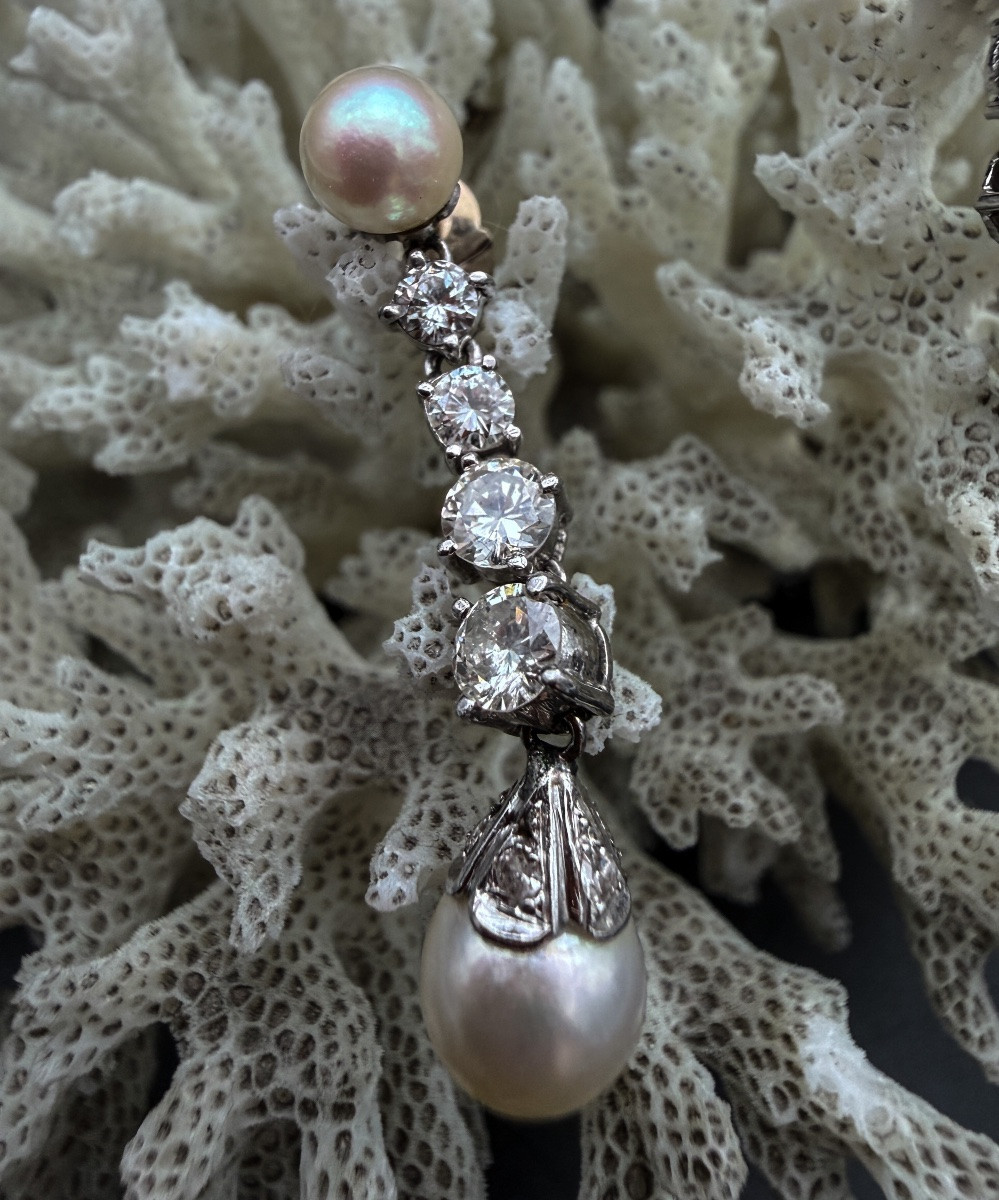 Paire de pendants d’oreilles en or 18 carats, diamants taille ancienne et perles de culture – T-photo-4