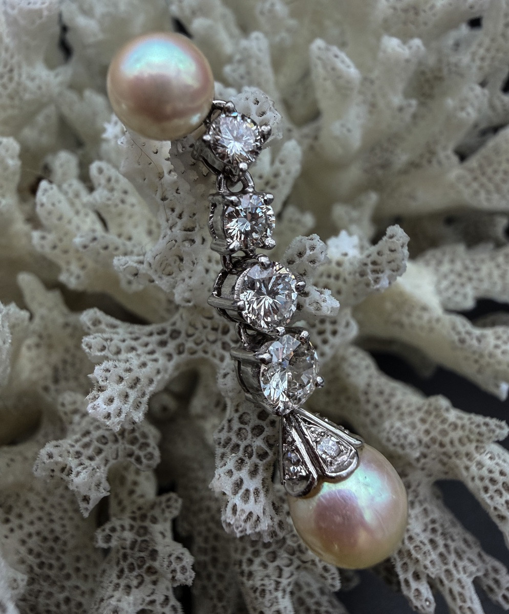 Paire de pendants d’oreilles en or 18 carats, diamants taille ancienne et perles de culture – T-photo-5