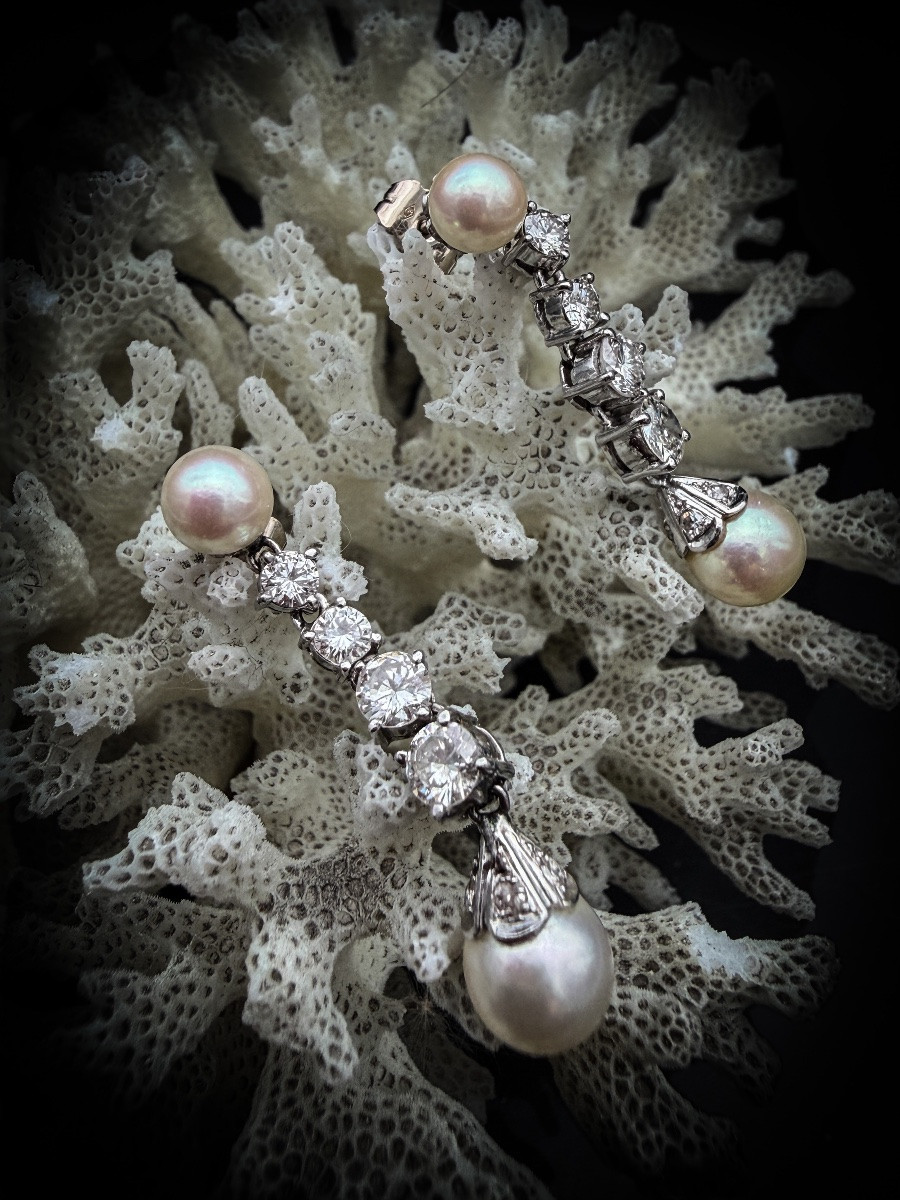 Paire de pendants d’oreilles en or 18 carats, diamants taille ancienne et perles de culture – T-photo-6