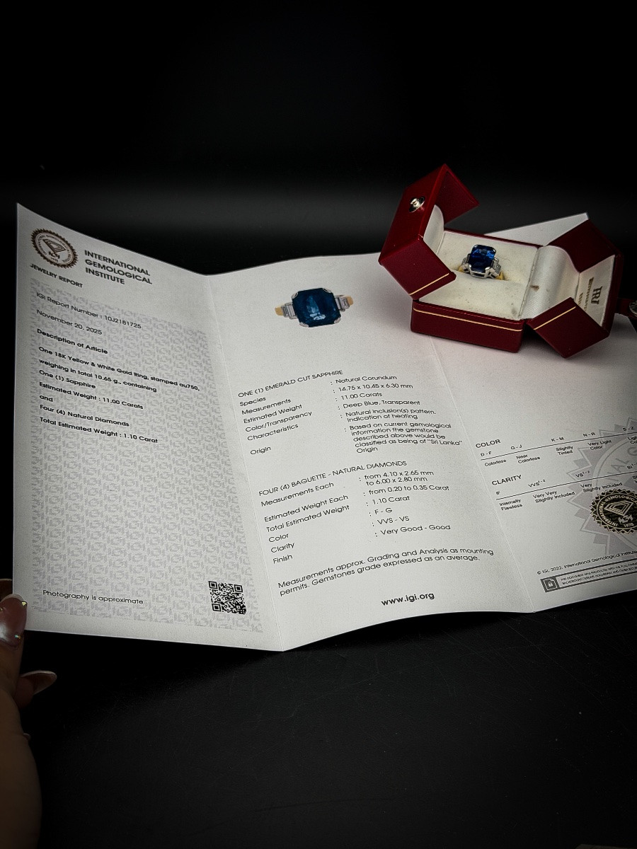 Bague vintage saphir naturel 11,00 carats – Origine Sri Lanka, diamants – -photo-2