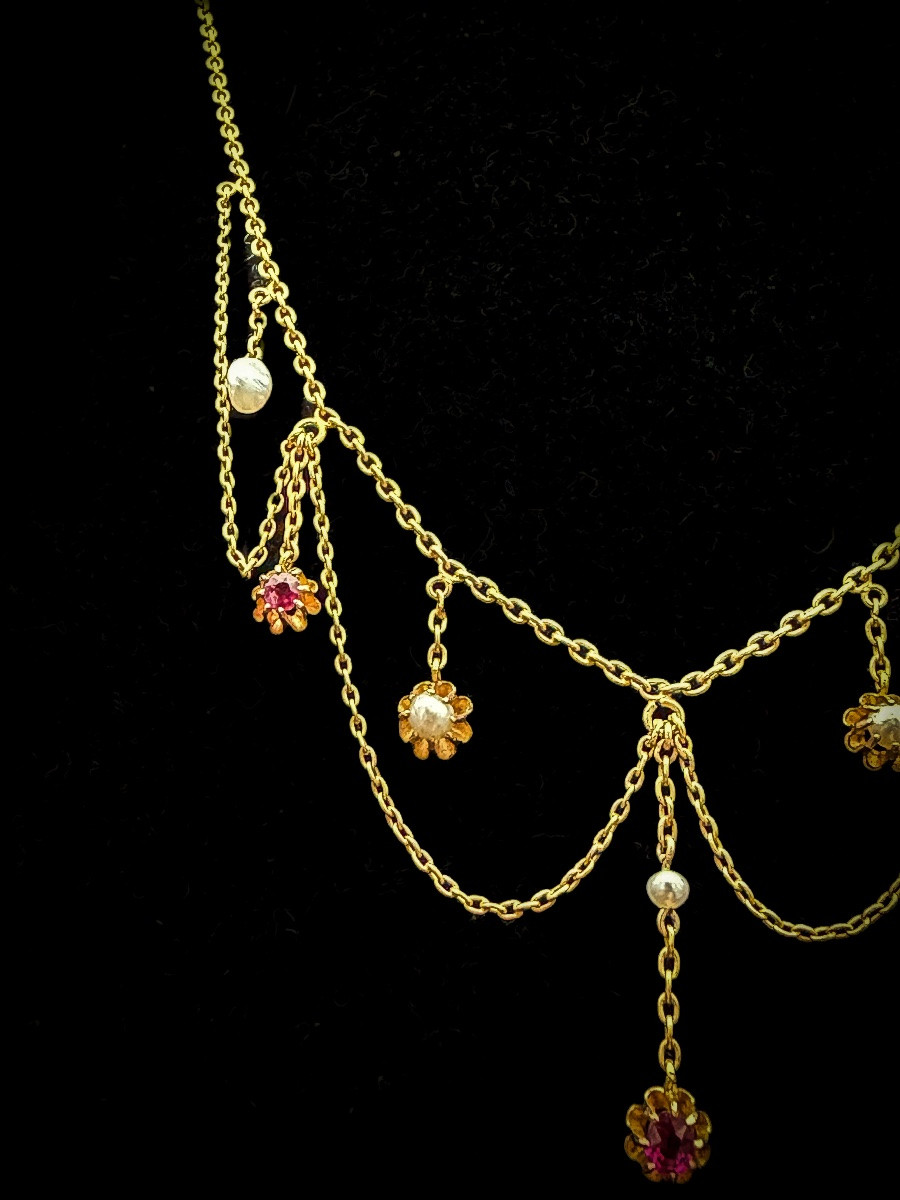 Collier à draperie Napoléon III en or 18 carats, perles fines et grenats – France, XIXᵉ siècle -photo-5