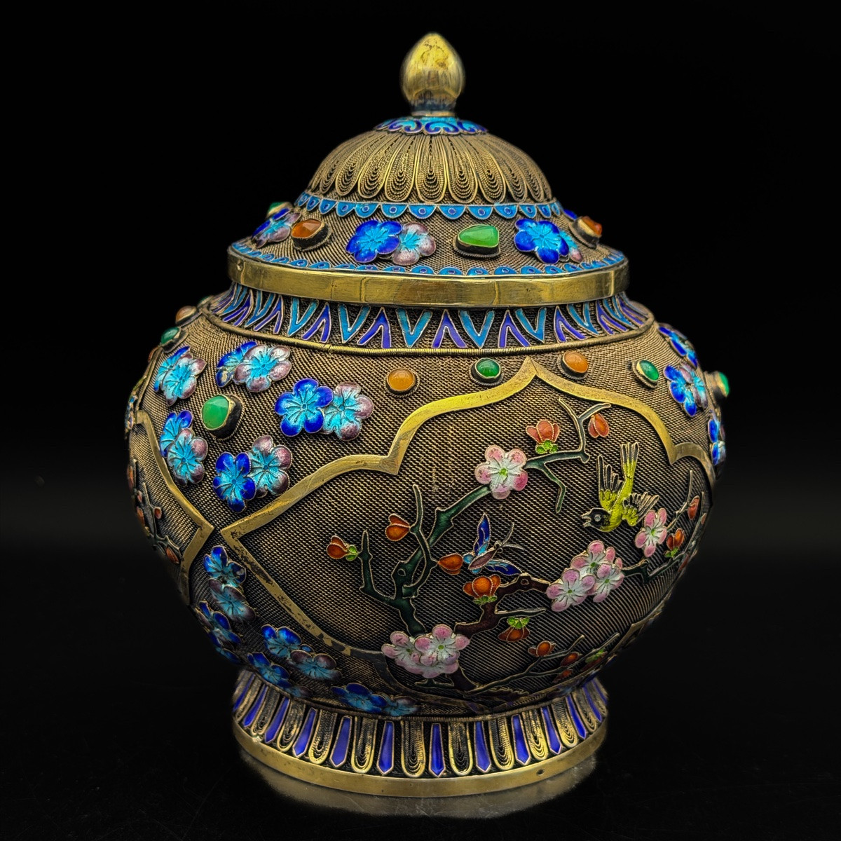Tea Caddy chinois en argent massif vermeillé 925/1000 – Filigrane et émaux, période République -photo-4