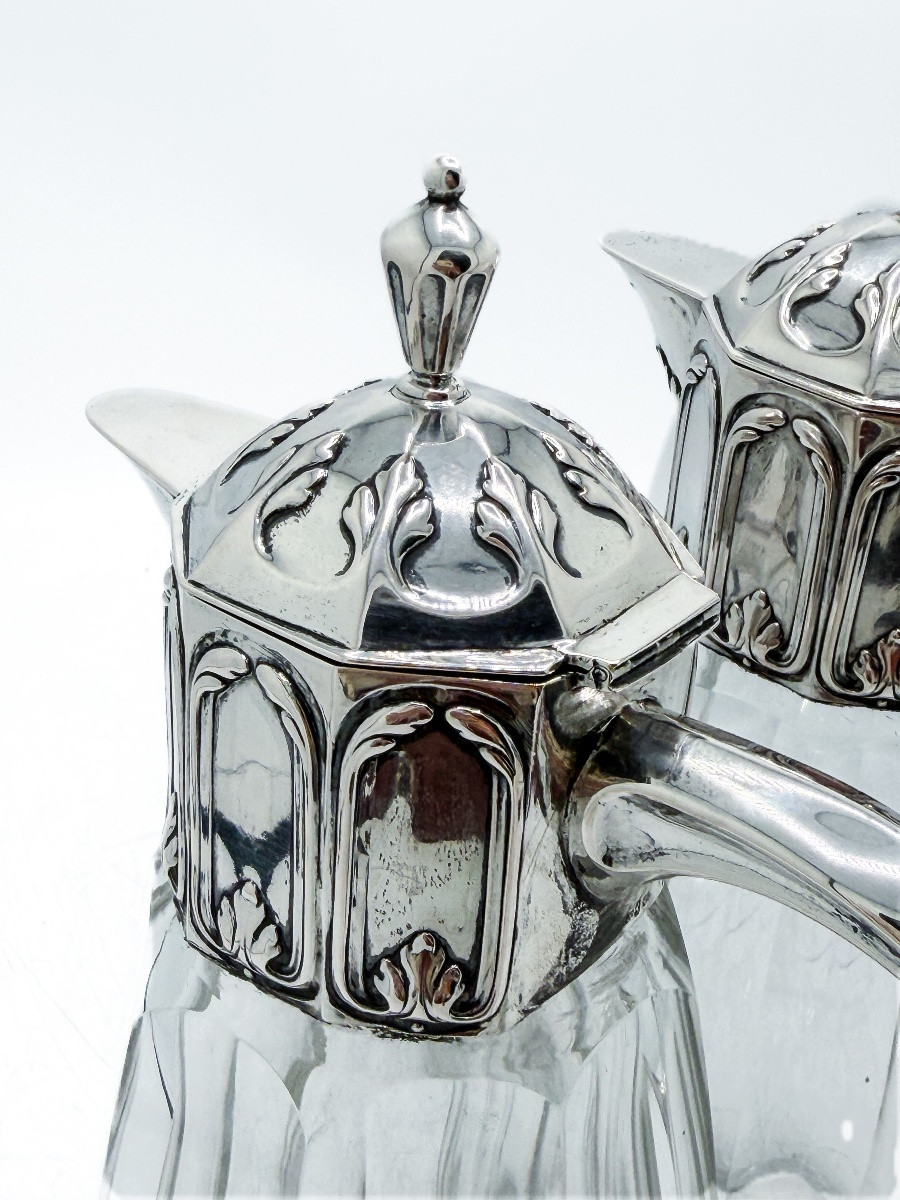 Pair Of Cut Crystal Decanters With Solid Silver 800 Thousandths Mounts, Germany, Late XIth Century-photo-2