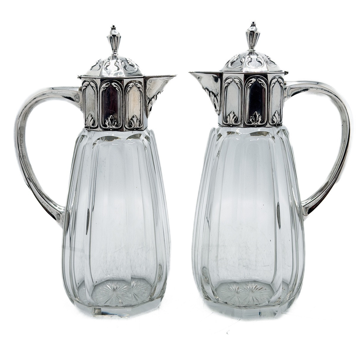 Pair Of Cut Crystal Decanters With Solid Silver 800 Thousandths Mounts, Germany, Late XIth Century-photo-4